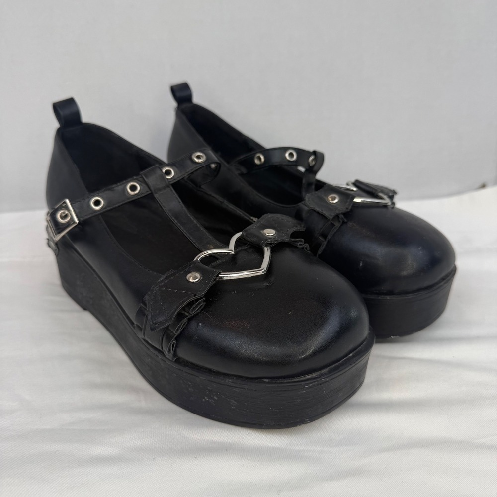 Black Gothic Heart T-Strap Platform Mary Jane Bat Wing Shoes Punk Goth Chunky